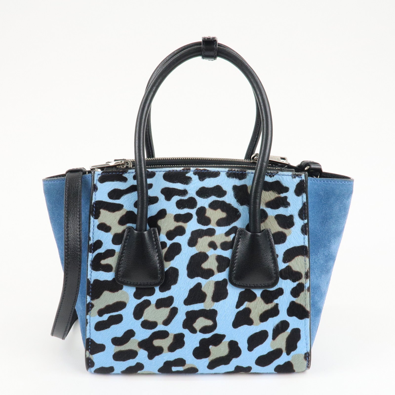 PRADA Sac à main 2 en 1 en daim et cuir de veau façon poulain Bleu Noir