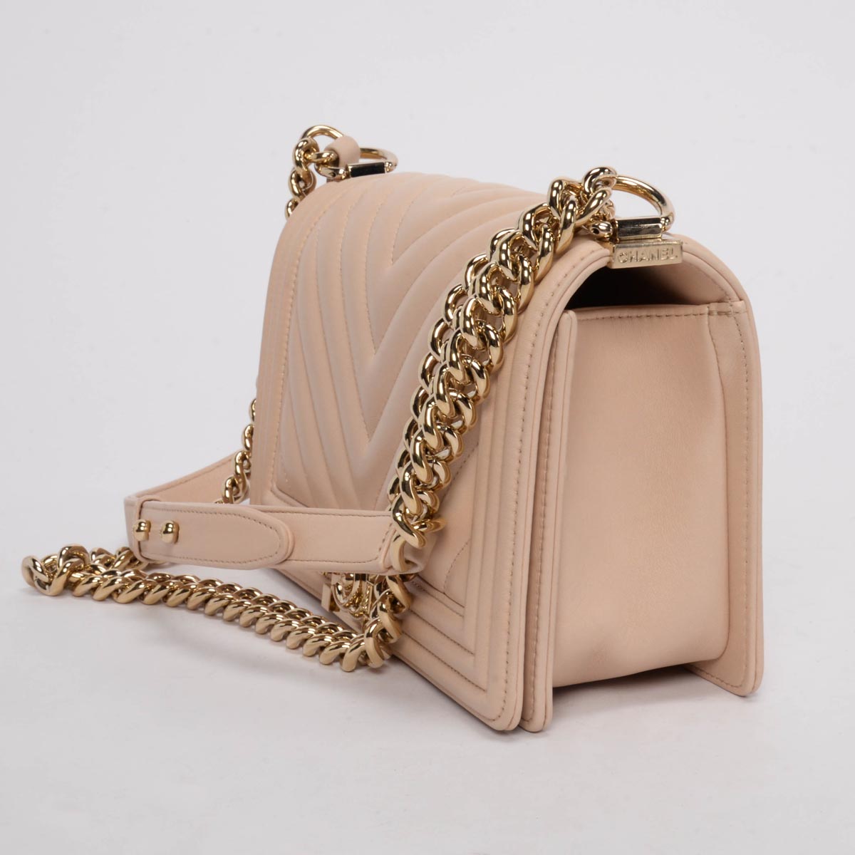 Chanel Beige Chevron Lambskin Old Medium Boy Bag
