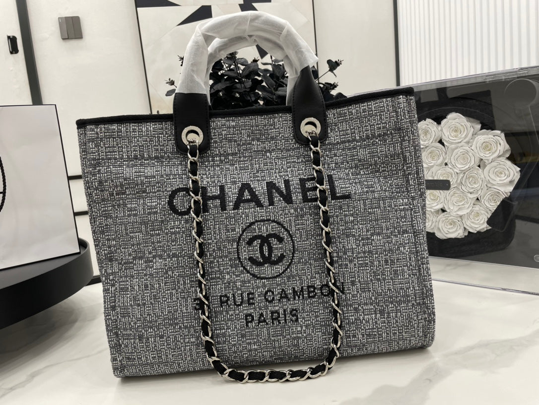 CC Deauville Tweed Bag noir cuir quincaillerie argentée 8
