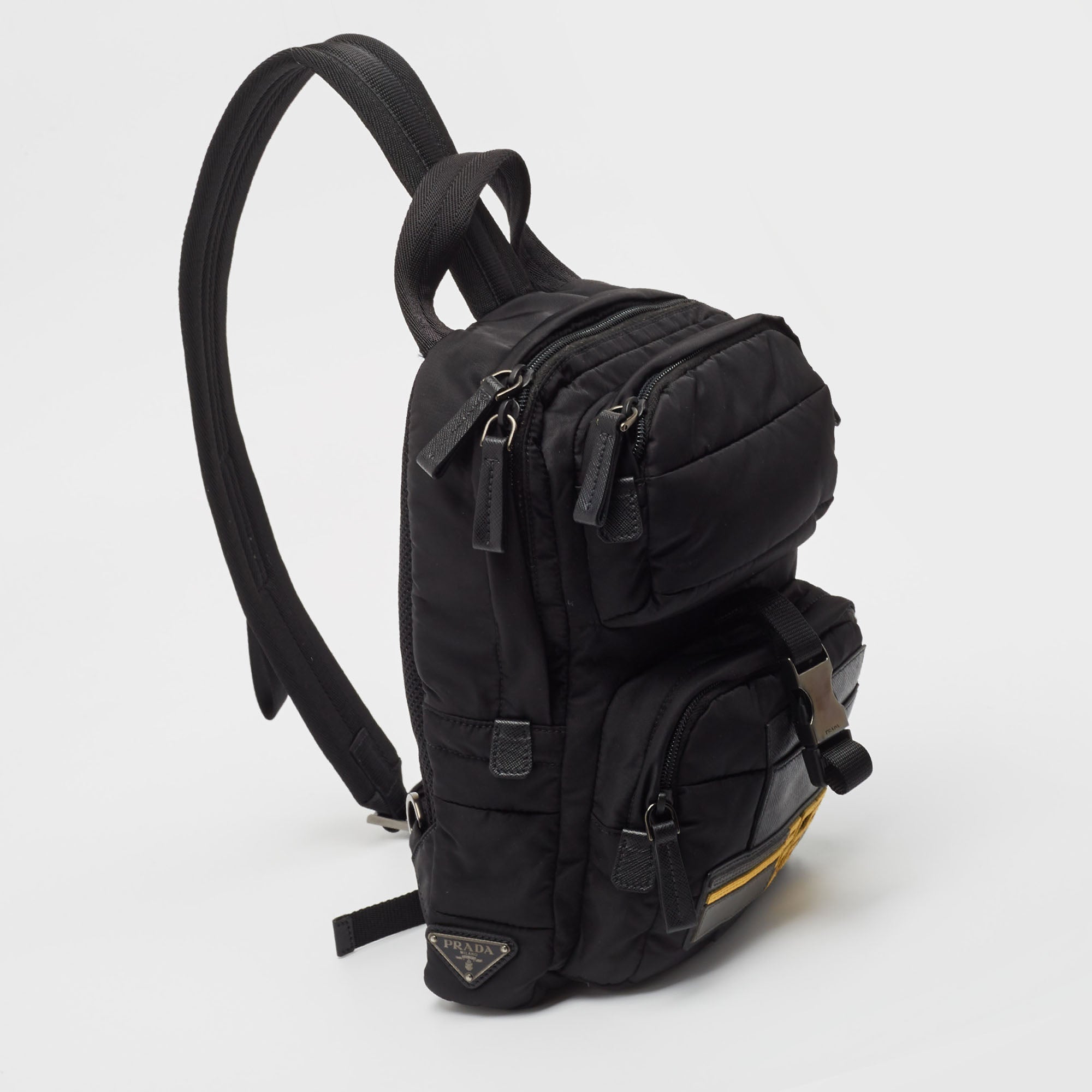 Prada Sac à dos bandoulière Racing Logo en Cuir et Nylon Noir