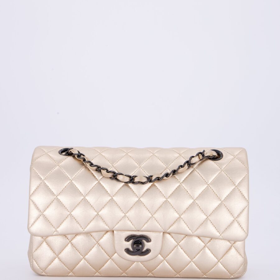 *RARE* Chanel Metallic Gold Medium Classic Double Flap Bag in Lambskin Leather with So Black Hardware | Studio Nafay