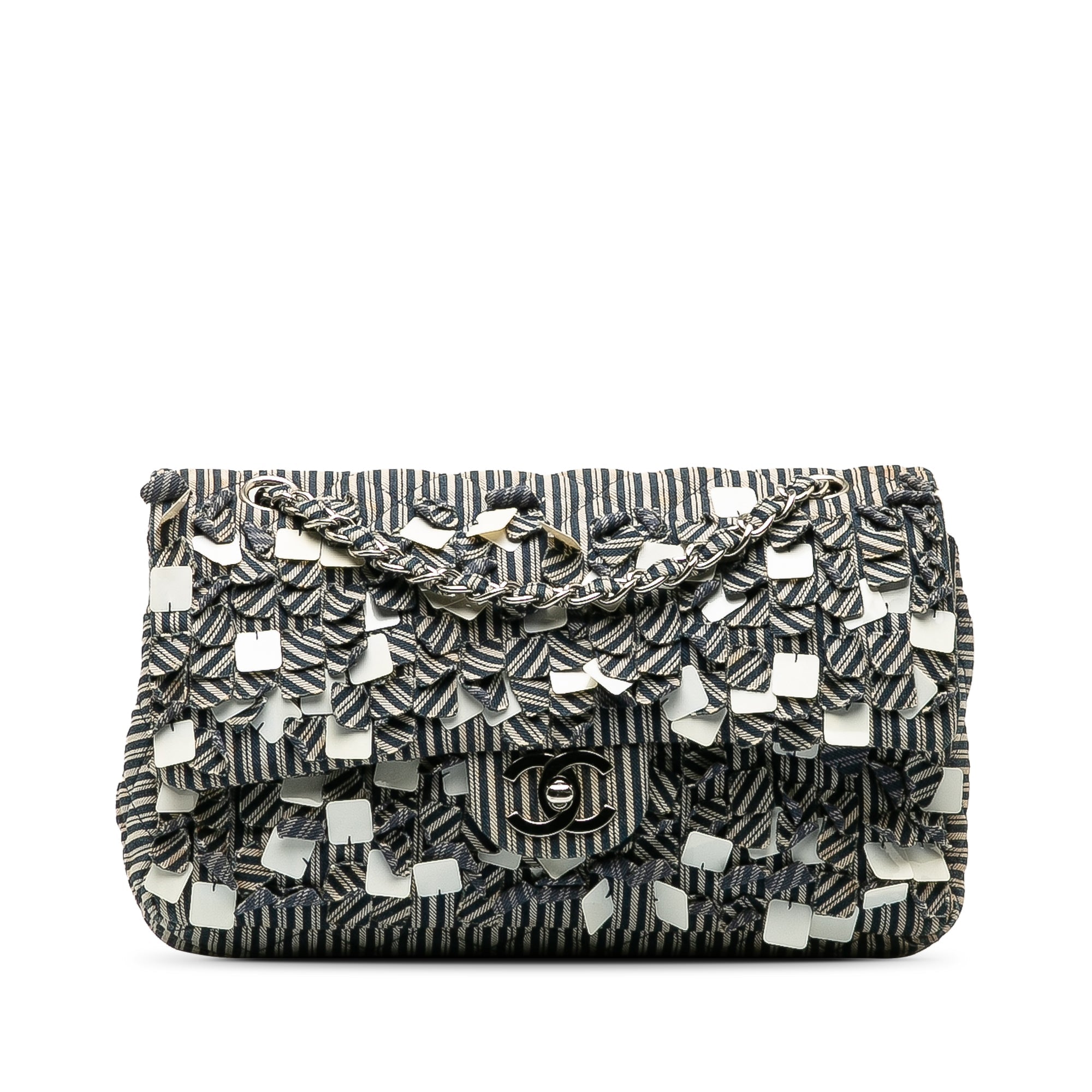 Sac bandoulière Chanel Medium à double rabat rayé en coton Bleu