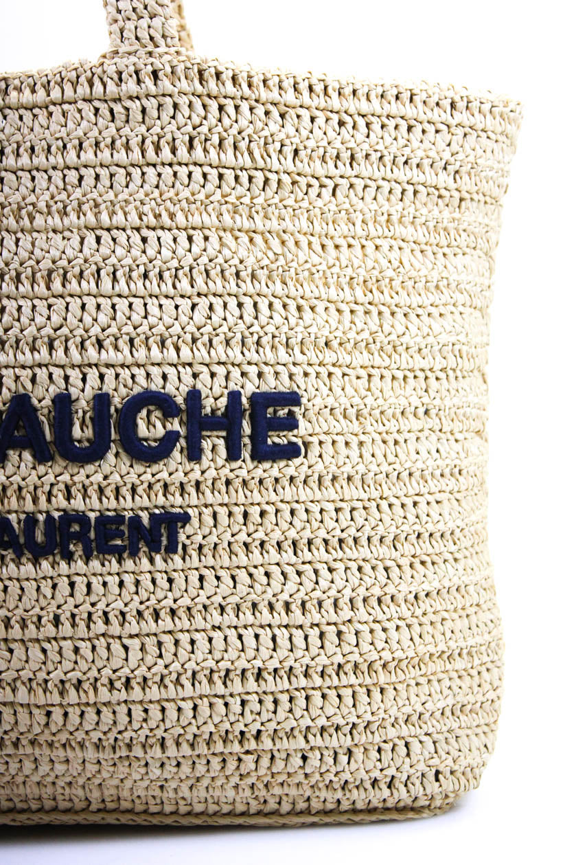 Saint Laurent Sac à main cabas de plage grand format brodé en paille femme Naturel Bleu marine
