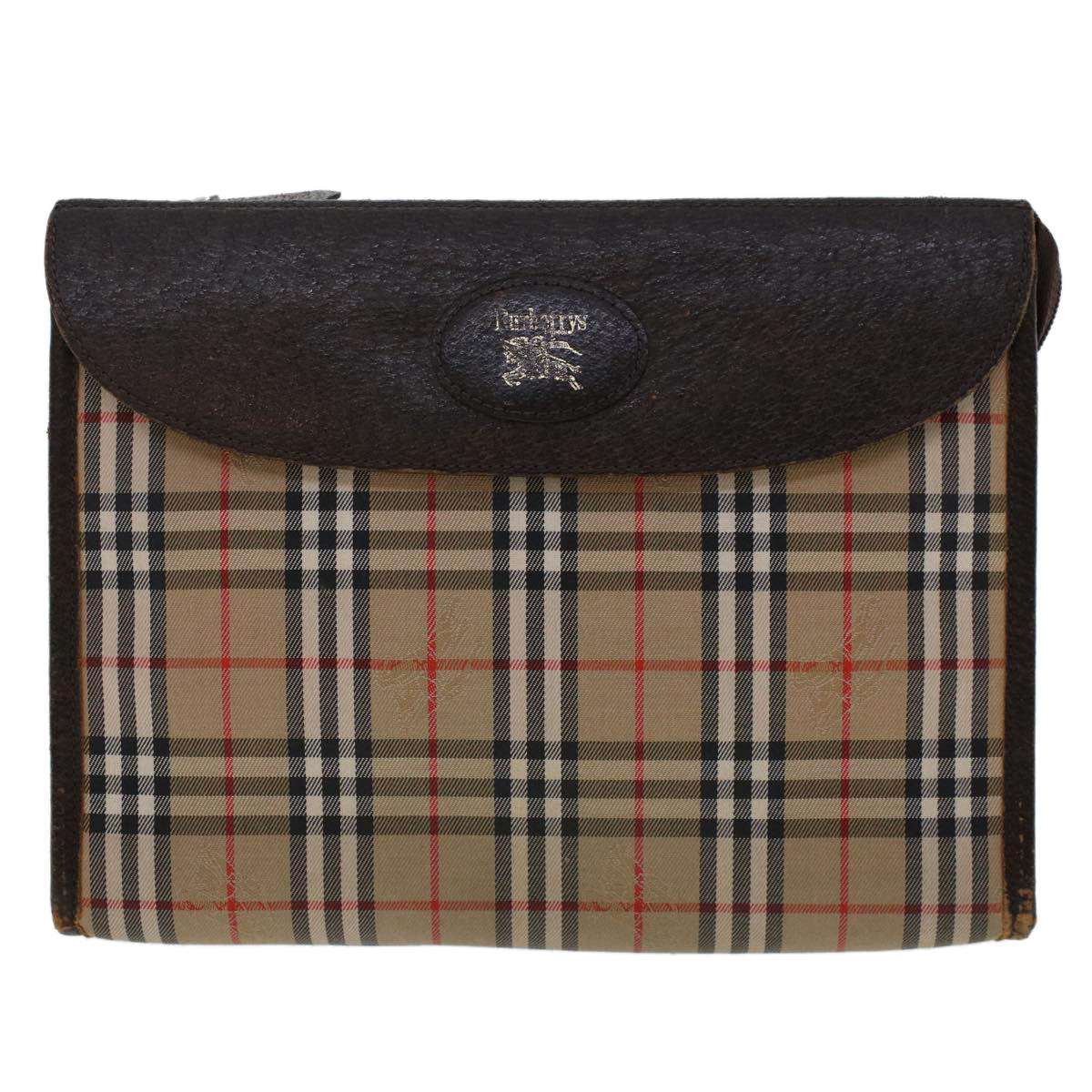 BURBERRYSs Nova Check Pochette Bag Nylon Cuir Beige Auth am4674